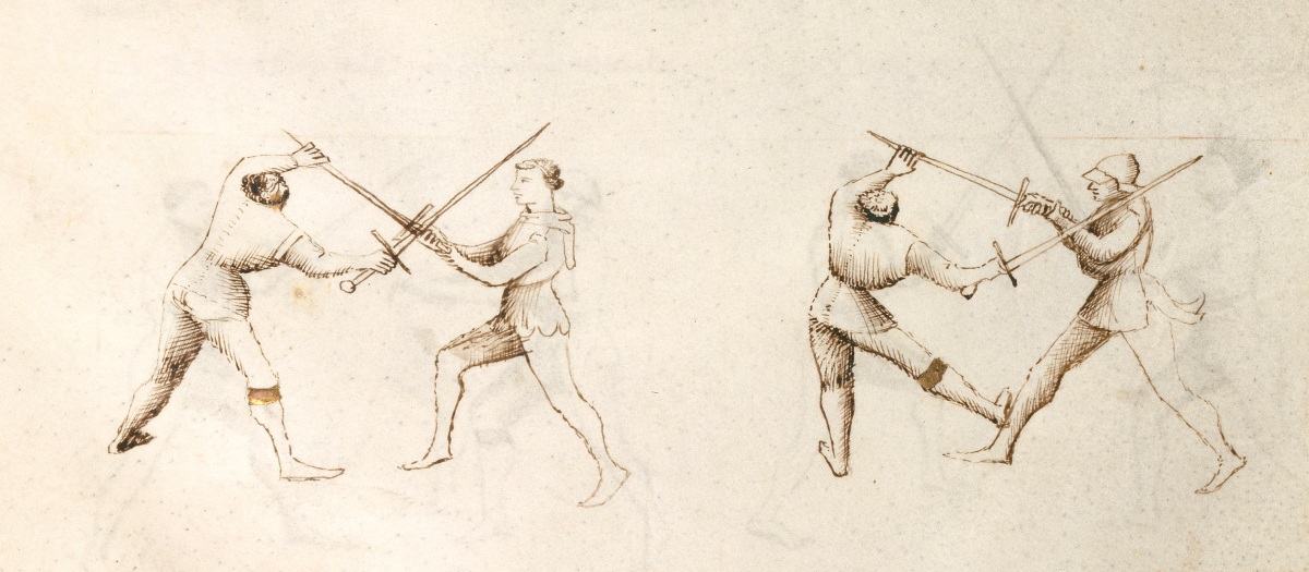 Figure 4: Grabbing the sword in Zogho Largo. From the cross at mezza spada, the Scholar grips the sword’s punta and cuts the Player in the head. Should the Player try to cover by turning to left posta di finestra, the Scholar may also execute a shin stomp as a distraction. 
